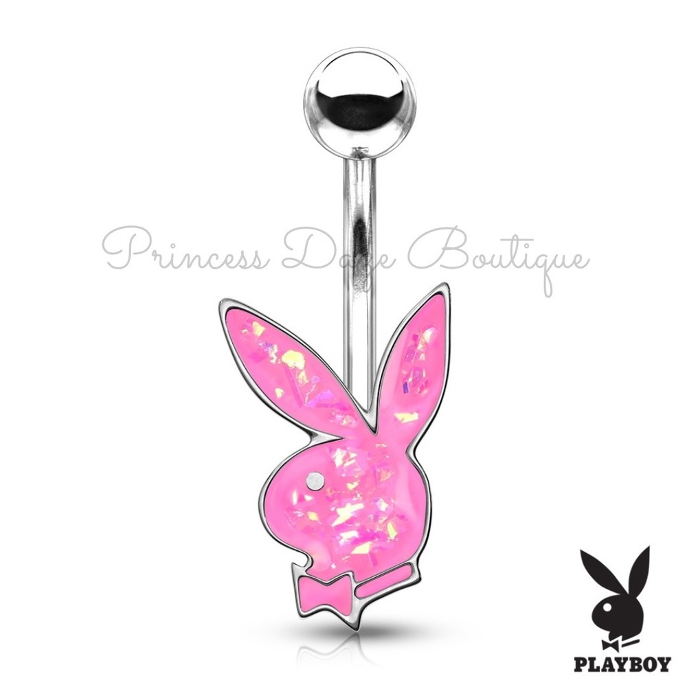 Playboy Bunny Belly Button Ring Pink Glitter Opal